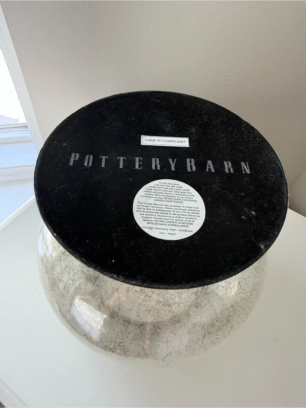 Pottery Barn | Serena Mercury Glass Large Crackle Finish Vase Metallic Rim Base
